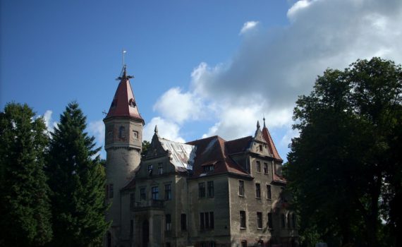 Remont wieży pałacu w Laskach.
